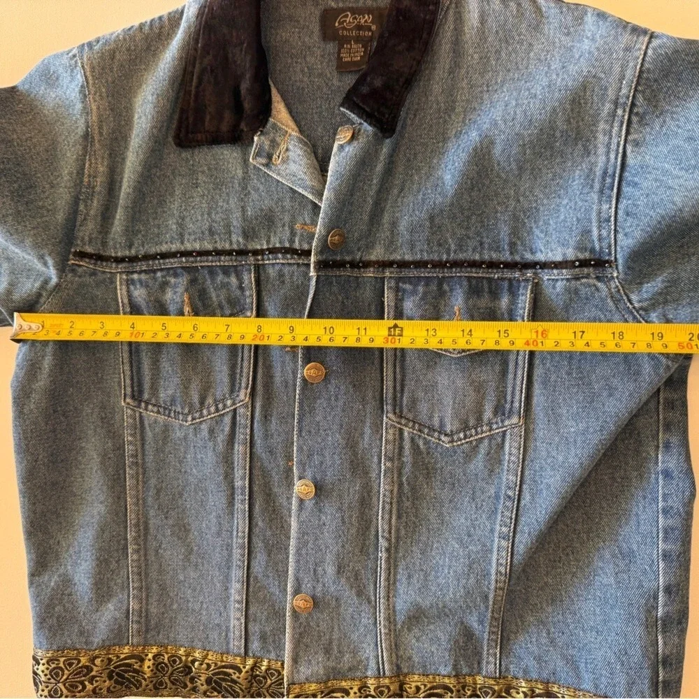 Vintage‎ 90s Western Denim Jacket Women's L Gold Ribbon Velvet Trim